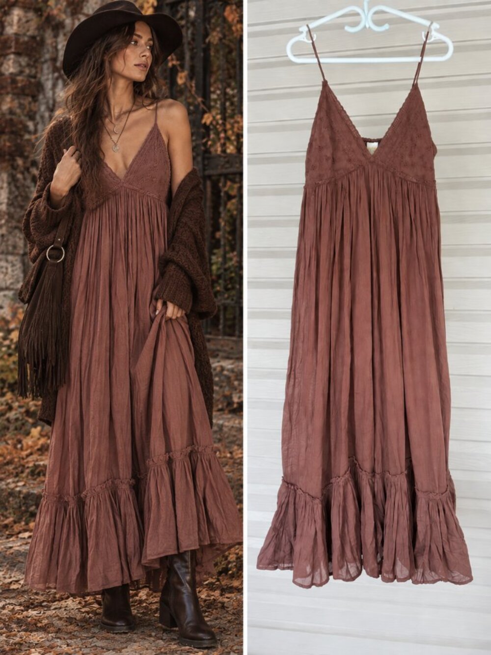 Rebellion Brown Cotton Embroidered Eyelet Maxi Dress Smocked Boho L